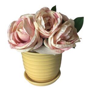 Shabby Chic Pink Faux Peony Floral & Yellow Ribbed Ceramic Pot Set Home‎ Decor